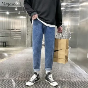 Men Jeans Ankle-length Denim Trousers Loose All-match Solid Stylish